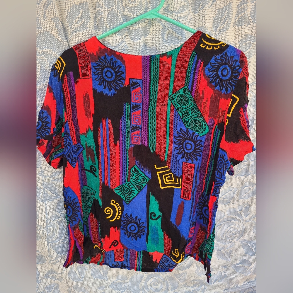 Vintage 80s 90s Jennifer Lauren Bright Abstract Top M Bold Boho Tribal Artsy
